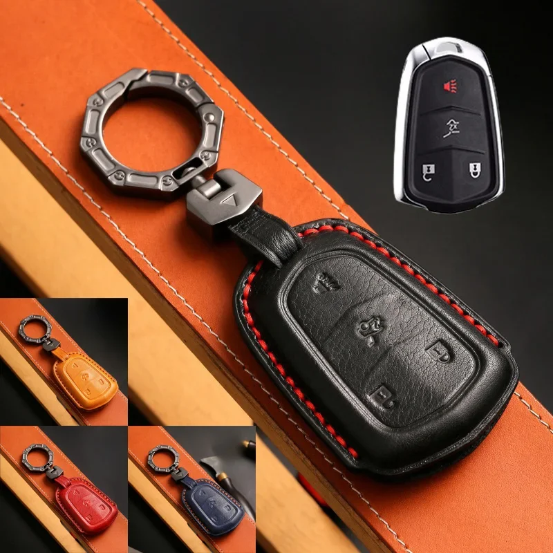 

Genuine Leather Car Remote Smart Key Fob Case Cover Holder Bag With Keychain For Cadillac VT6 XT5 XTS ATSL ATS SRX XT4