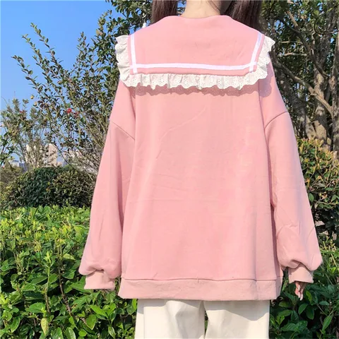 2022 Autumn Sweet Pink Kawaii Women Hoodies Loose Hooded Sailor Collar Cute Lace Patchwork Female Zip Up Hoodies Korean Clothing