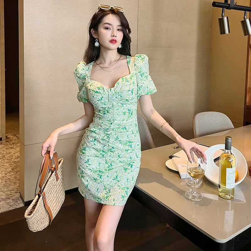 Summer 2022 New Female Fresh Floral High Waist Bodycon Dress Sweet Temperament Bubble Sleeve Women French Bandage Dresses