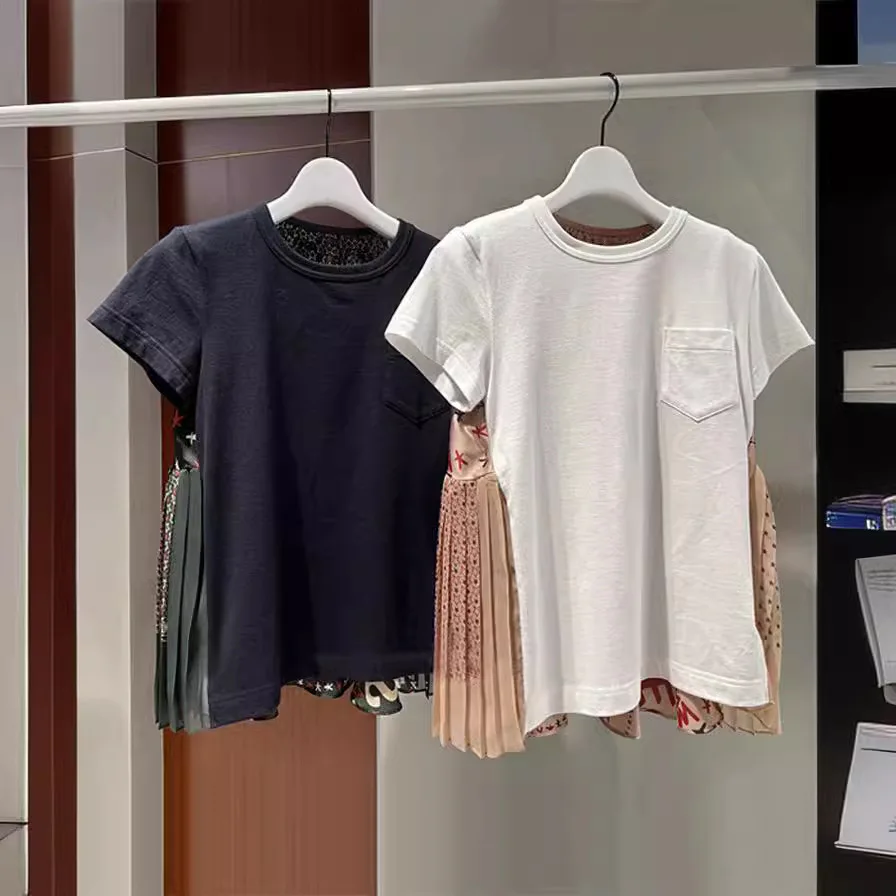 2024New design sense Повседневная футболка с принтом модная со складками и коротким