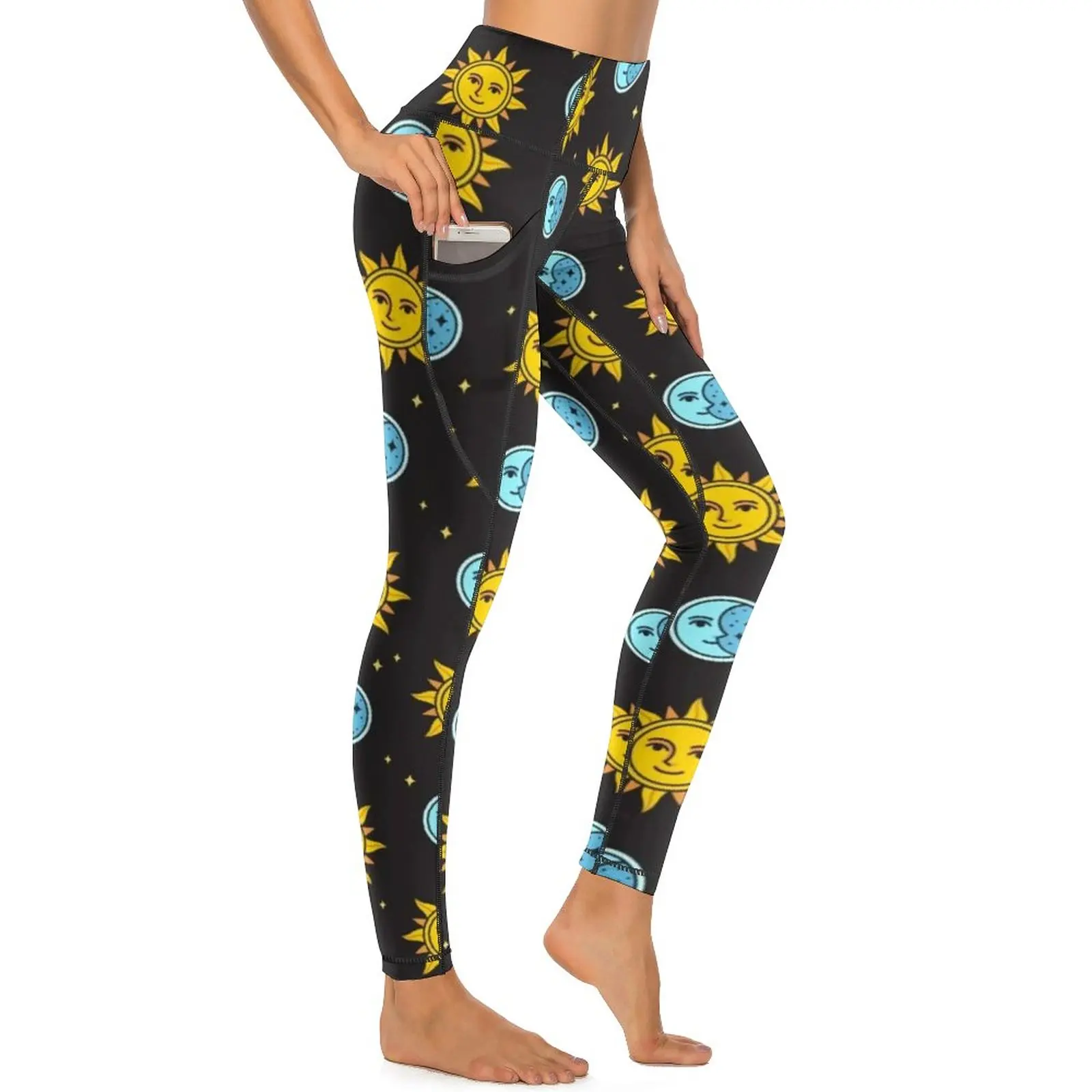 

Retro Symbol Print Yoga Pants Pockets Women Sun And Moon Leggings High Waist Funny Yoga Legging Elastic Fitness Gym Sport Pants
