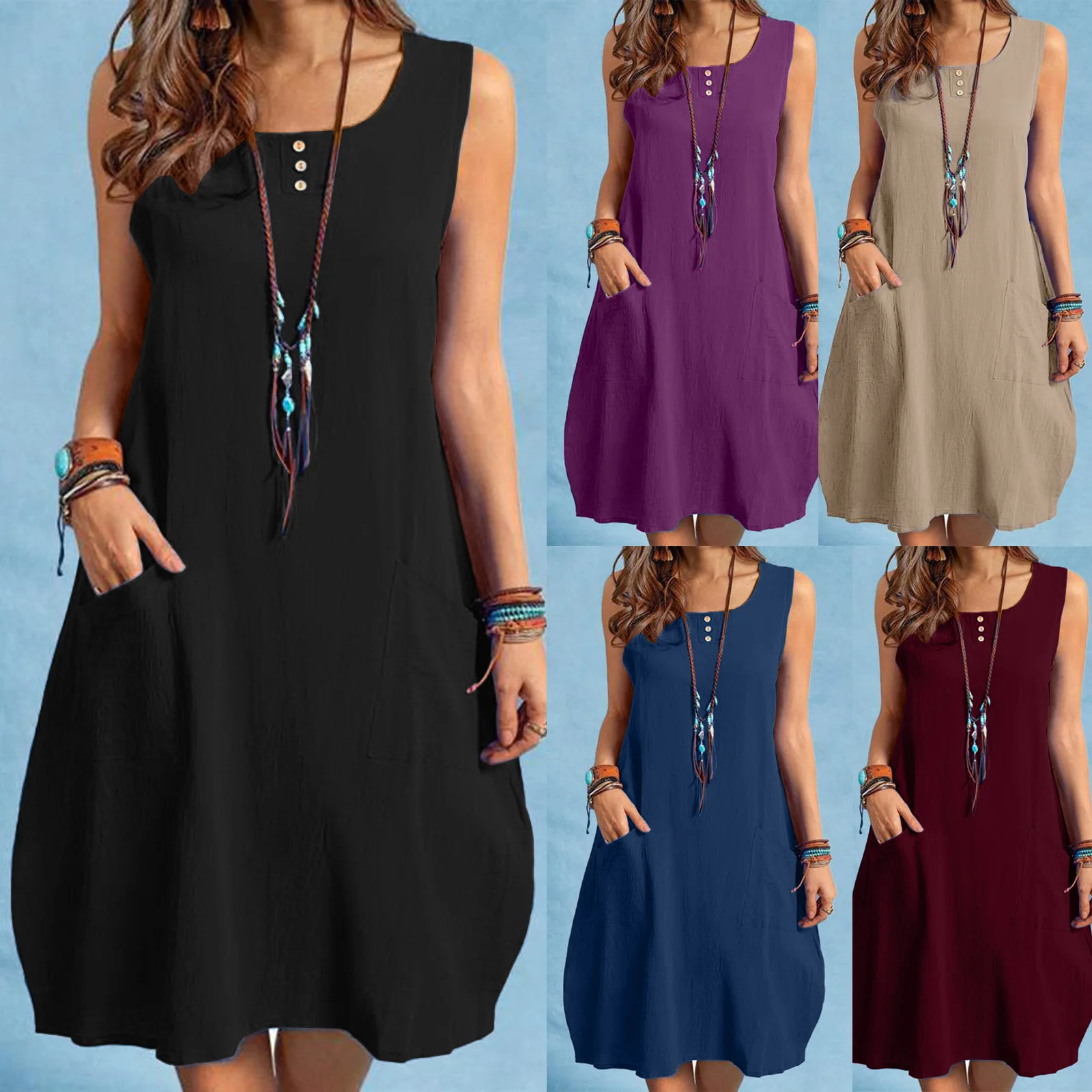 

Spring and summer 2023 cotton and linen loose casual solid color pocket dress women