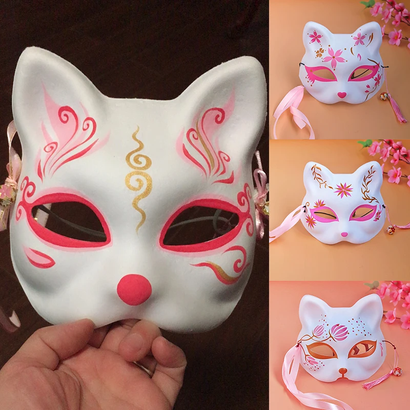 

Pink Cherry Blossoms Fox Masks Anime Cosplay Japanese Half Face Cat Mask Masquerade Festival Kabuki Kitsune Masks Party Props