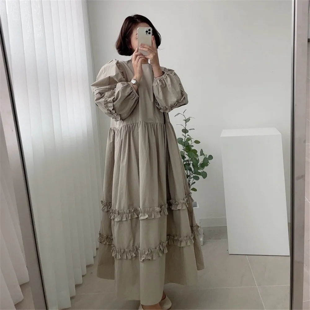 

Women's Dress Japan Korean Solid Color Fungus Trim Loose Dress Temperament Autumn Spring Ladies New 2022 Fashion Long Sleeve
