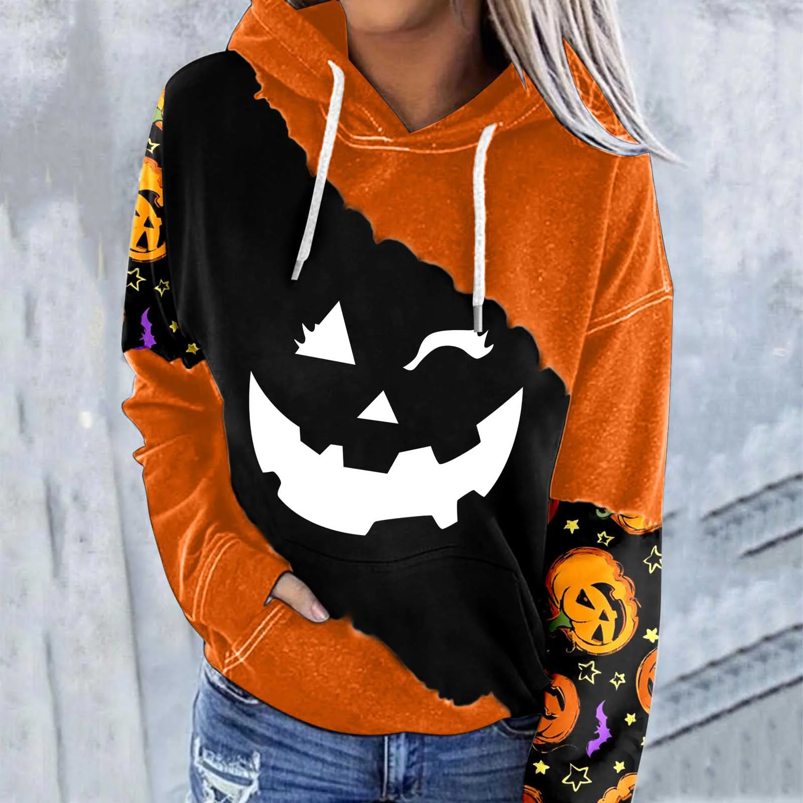 

Light Sleeve Women Casual Hoodie Halloween Print Colorblock Sleeve Pocket Drawstring Graphic Sweatshirt Women Winter Ladies Top