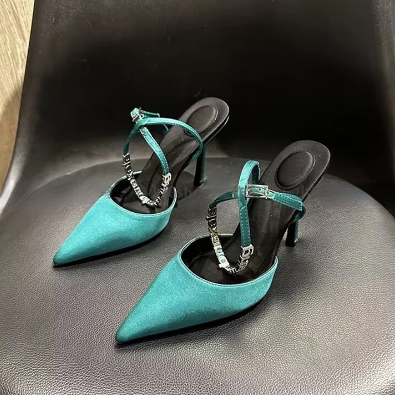 Women's Sandals  Spring/Summer New Fashion Banquet Rhinestone Letter Buckle Baotou High Heel Pointy Sexy Thin Heel Hollow Shoes