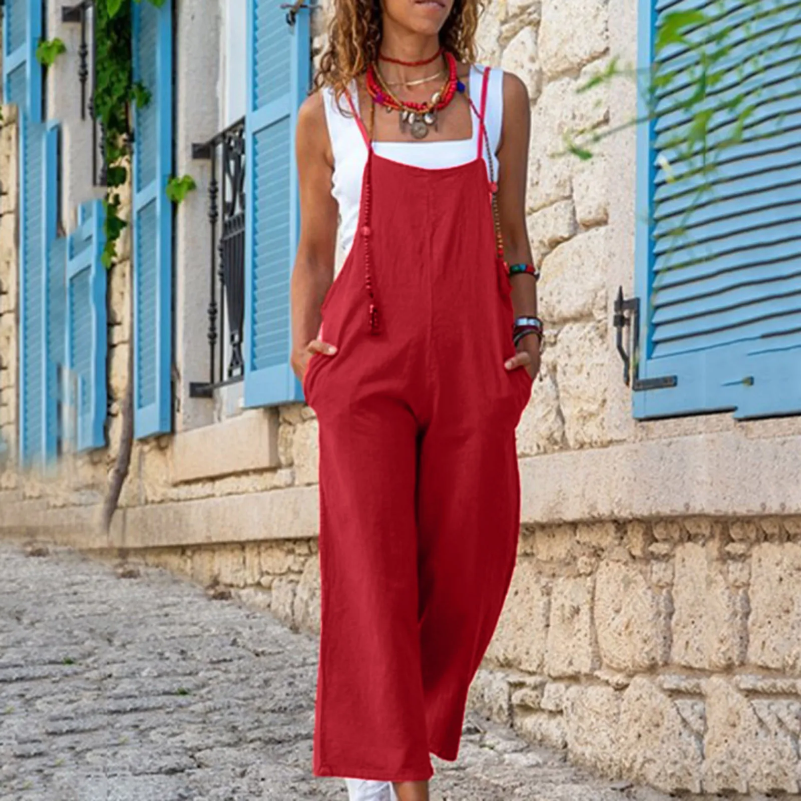

Women Jumper Womens Fashion Solid Color Sleeveless Tank Baggy Loose Linen Overalls Jumpsuit Black Dress Romper for Women