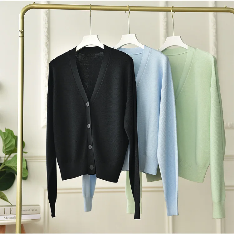 

Женский вязаный кардиган с V-образным вырезом, с длинными рукавами, однобортный, свободный, однотонный, короткая куртка, Ранняя осень, новинка 2023 г.