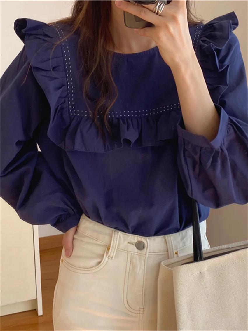 

Alien Kitty Korean Sweet Ruffled Bright Line Solid Long Sleeve Shirts 2021 Female Versatile Fashion Elegant Autumn Blouses