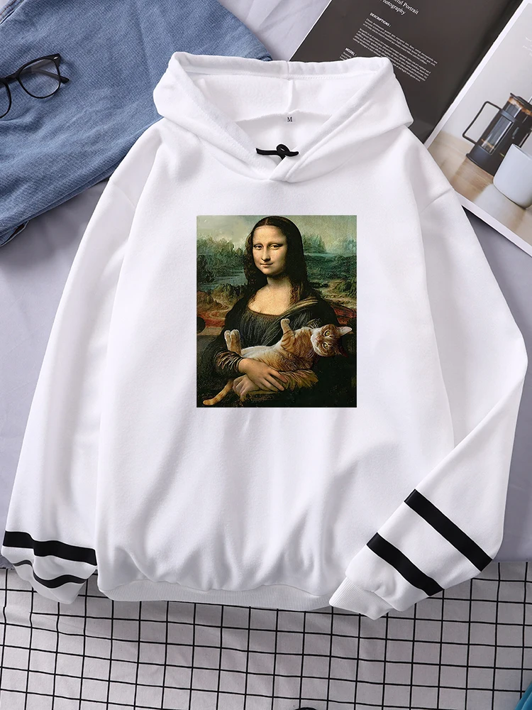 

Oil Painting Mona Lisa And Cat Prints Womens Splicing Sweatshirt Casual Fashion Pullover Personality All-math Female Clothing