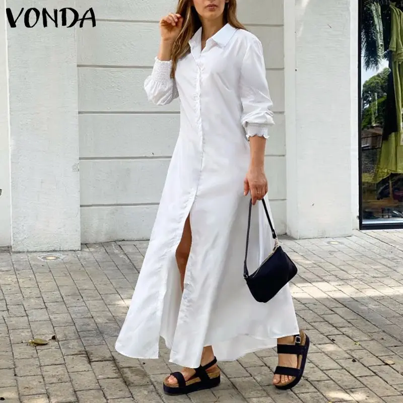 

Shirt Dresses VONDA Women Long Sleeve Sundress Casual A-Line Dresses Ladies Loose Lapel Neck Baggy Vestidos Solid Split Robes