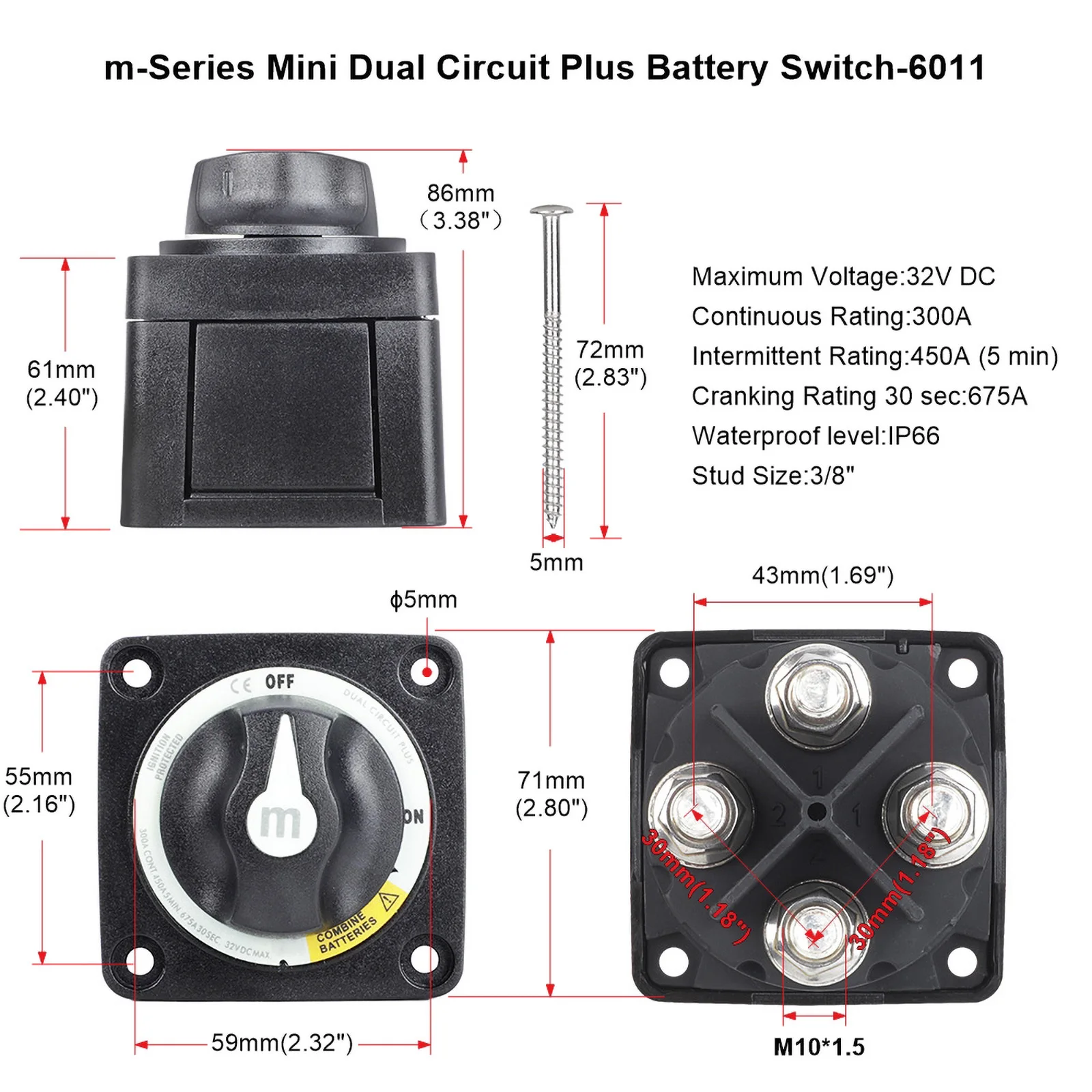 

2 3 4-позиционный селекторный переключатель массового аккумулятора M10 Stud 300A DC 32V Изолятор-разъединитель для кемпера, автомобиля, грузовика, морской лодки