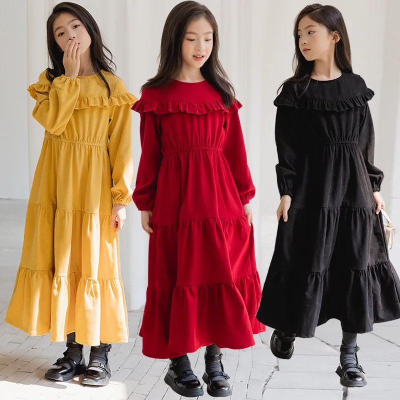 

Corduroy Dresses Autumn Winter New 2023 Girls Mid-Calf Dress Kids Teen Long Sleeve Dresses Fashion Big Girls Clothes Size 14/16