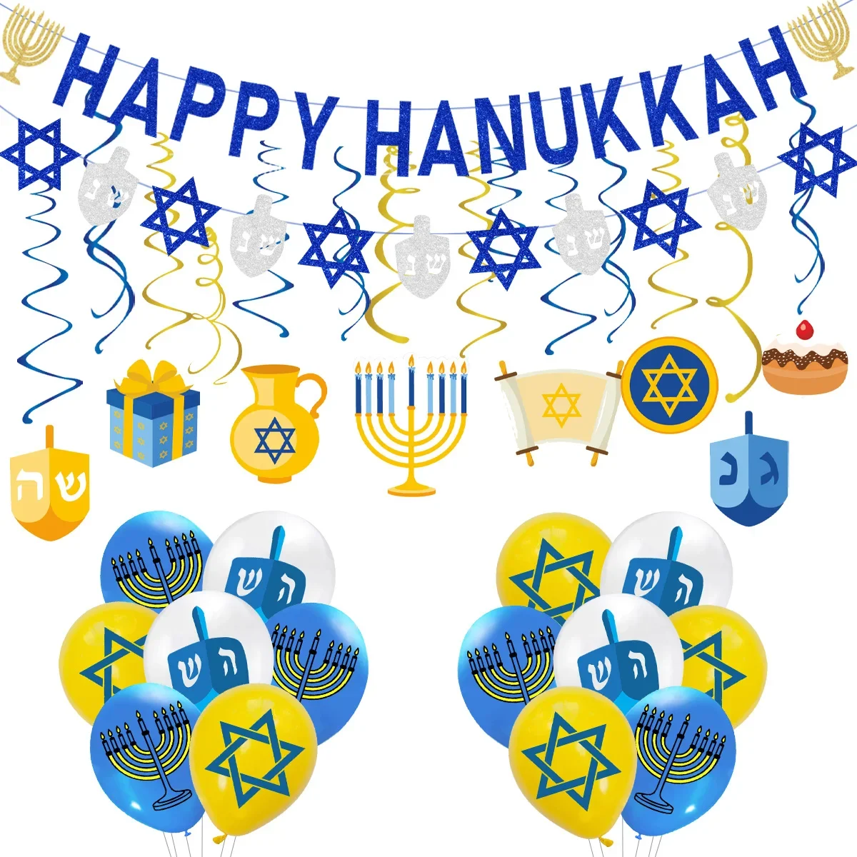 

Hanukkah Jewish Holiday Decorative Menorah Six Pointed Star Gyro Wreath Hanging Swirl Balloons Set Hanukkah Party Home Decor