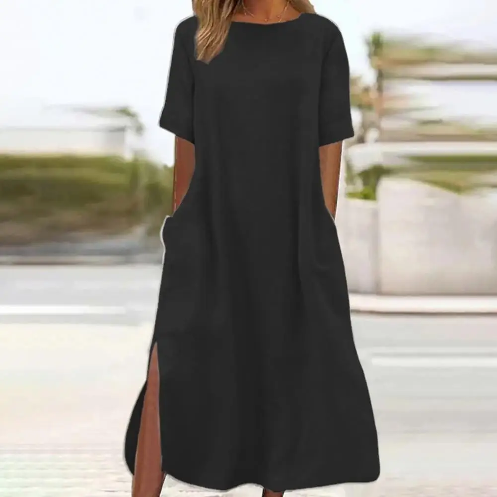 

Women Casual Midi Dress O-neck Short Sleeve Dress Pockets Side Split Hem Long Dress Solid Color Loose Fit Thin Casual Dress