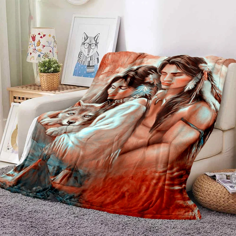 Indian Aboriginal Couple Soft Flannel Blanket Lightweight Thin Fleece Throw Blanket Cultural Printed Bedspread Sofa Couch Cover