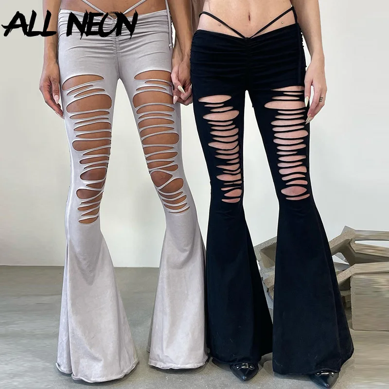 

ALLNeon Fairy Grunge High Waist Bandage Holes Flare Pants Women Hollow Out Full Length Trousers Y2K Streetwear Long Pant Fashion