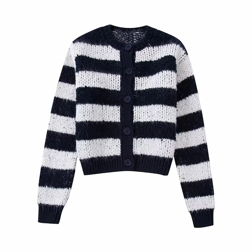 

DiYiG Women 2022 New Fashion Single Breasted Knitted Cardigan Short Stripe Sweater Chic Long Sleeve Loose Coat Streetwear Female