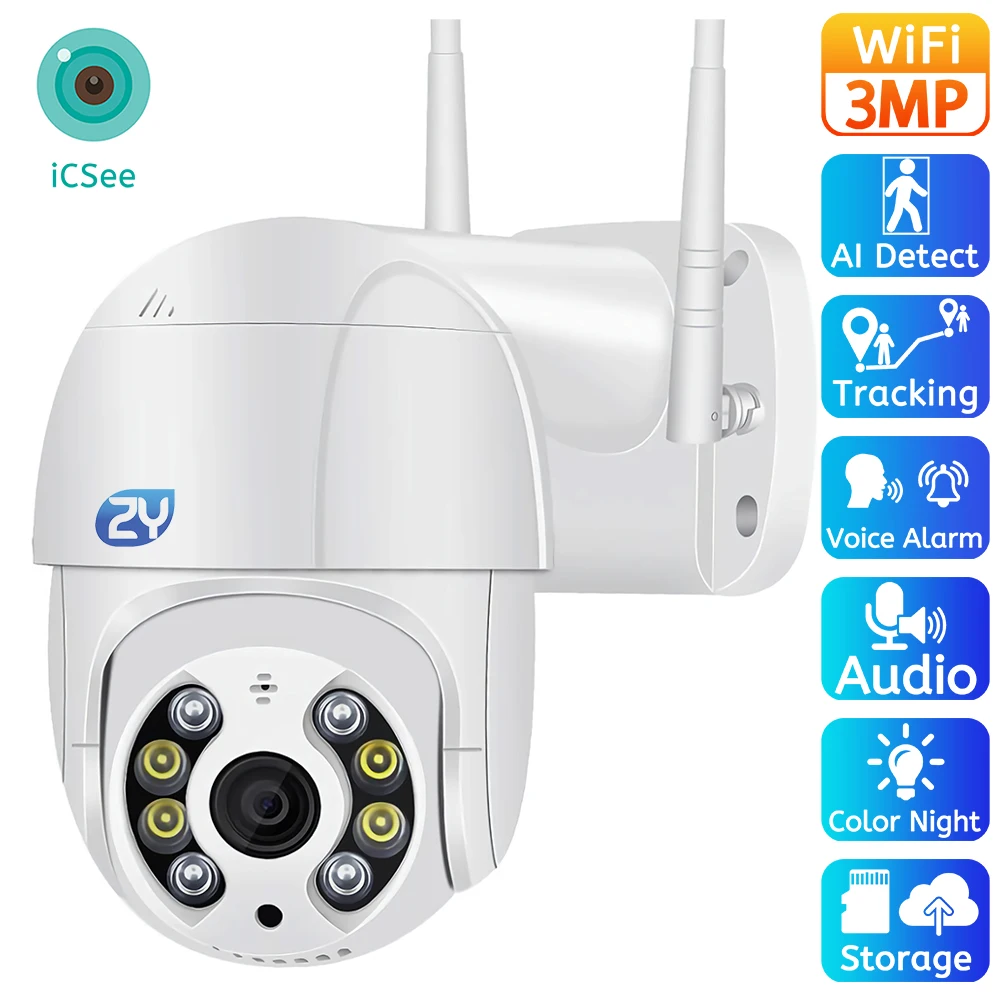 

3MP WiFi PTZ Camera IP Outdoor H.265 AI Human Detect Auto Tracking Wireless Speed Dome Cloud Audio SD Card CCTV Security Camera