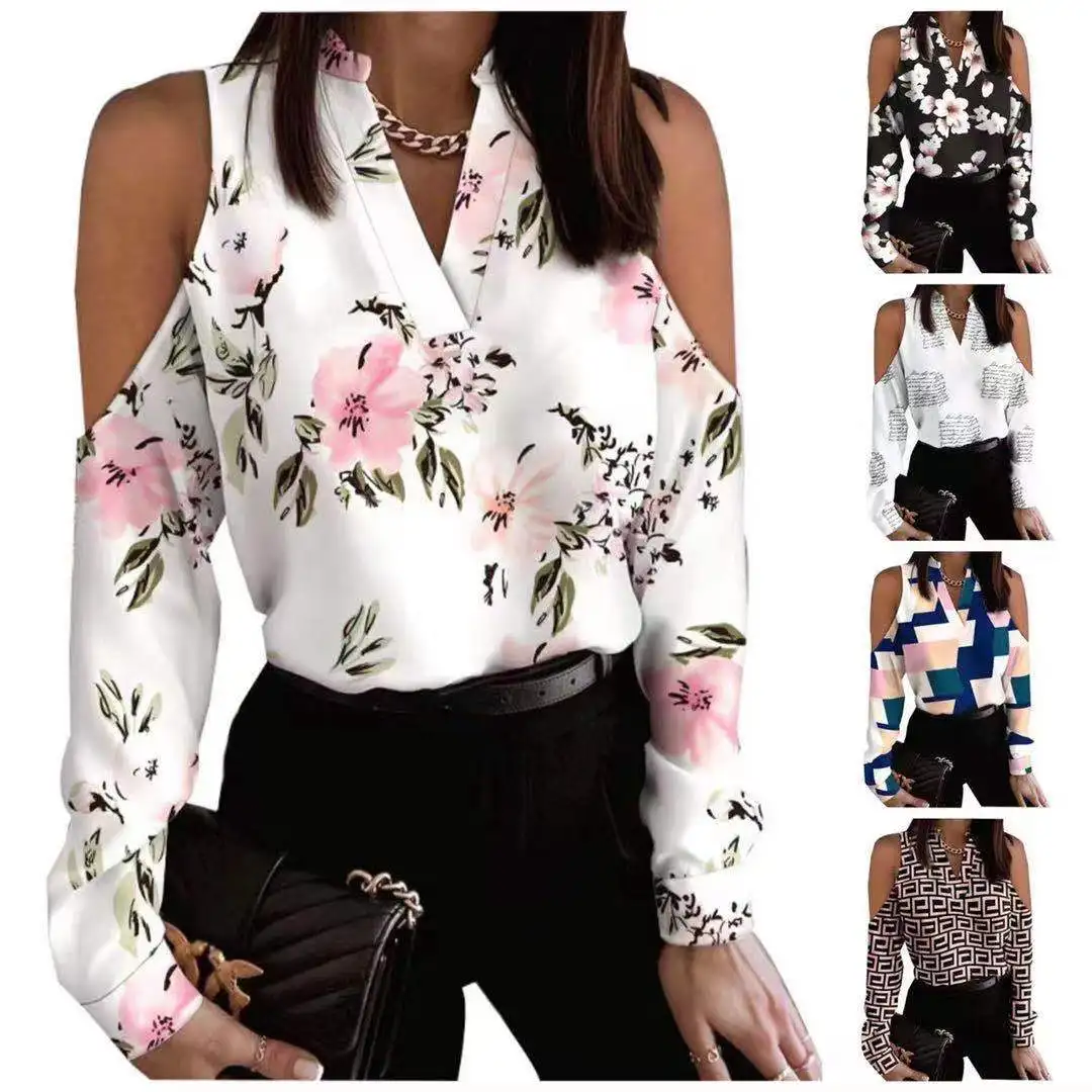 

2023 Explosive long-sleeved off-shoulder long-sleeved printed shirt shirt