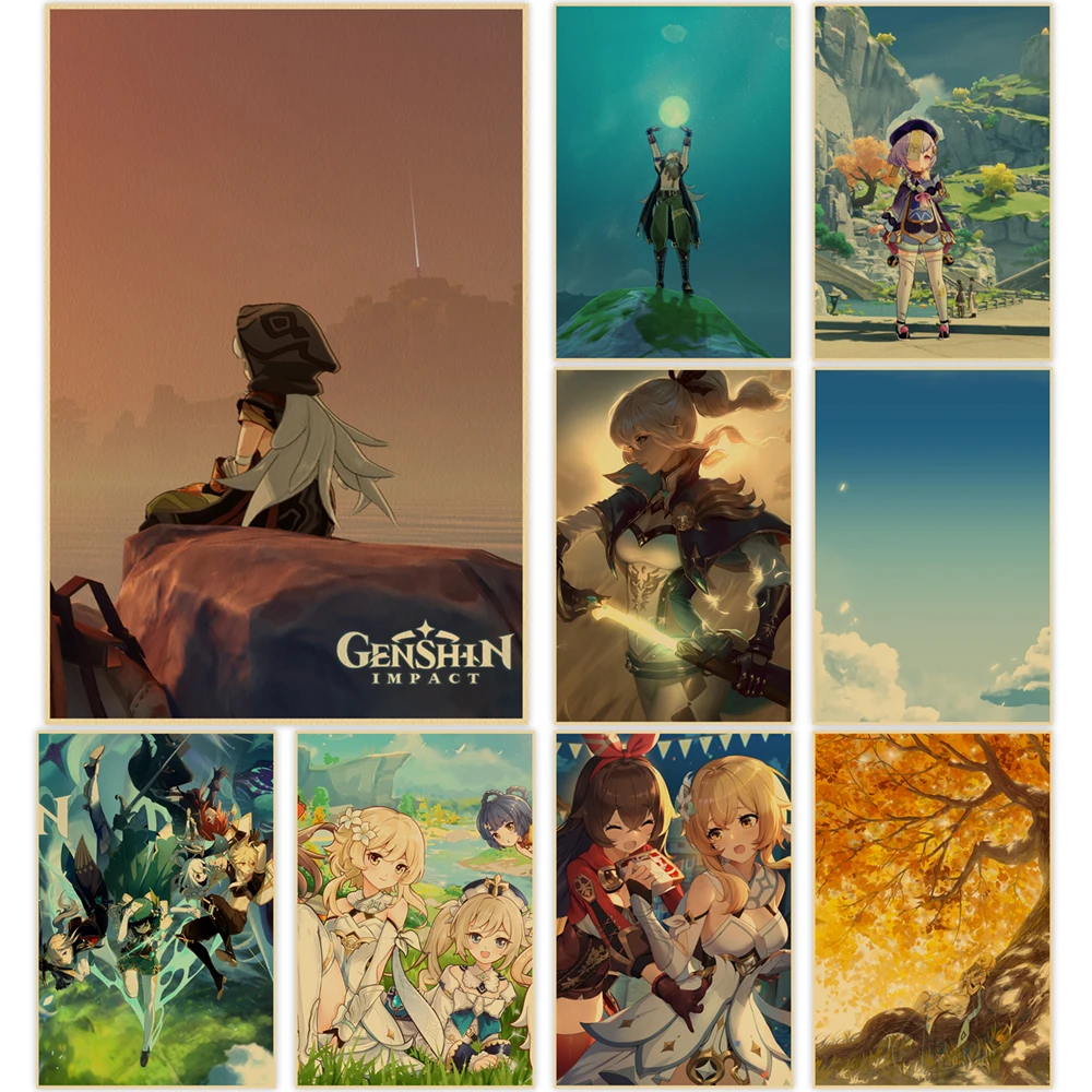 

Genshin Impact Wall Painting Xiao HD Prints Amber Home Venti Posters Classic Art Klee Picture Game Kraft Paper Room Decoration
