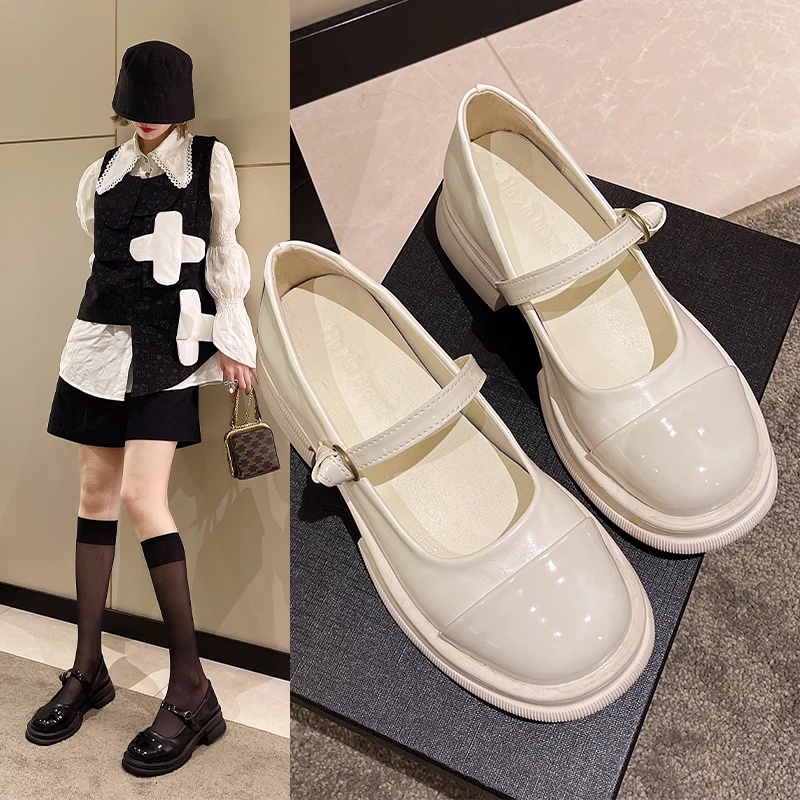 

High Heels Women's Spring and Autumn Thick Heels 2022 New Shallow Mouth Retro Round Head Color Matching Mary Jane Shoes