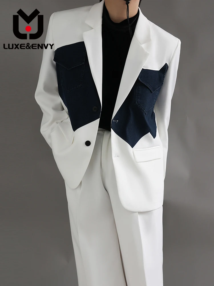 

Модный повседневный мужской джинсовый пиджак Люкс & ENVY, новый джинсовый костюм в стиле пэчворк, весна-осень 2023