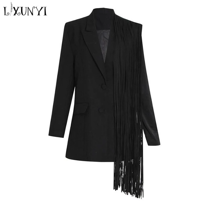 LXUNYI  Design Ladies Blazers Women Long 2022 Spring New Heavy Tassels Asymmetry Medium Long Suit Coat Black High Quality