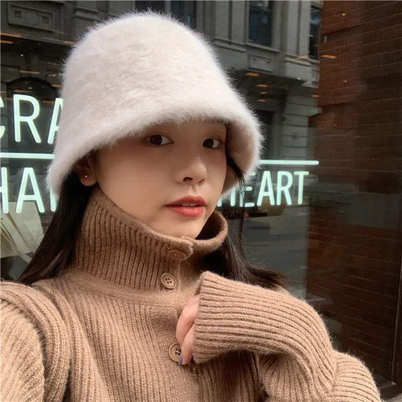 

Women Autumn Winter Rabbit Fur Fisherman Bucket Hat Sweet Style Gentle Soft Collapsible Wool Soft Warm Basin Cap