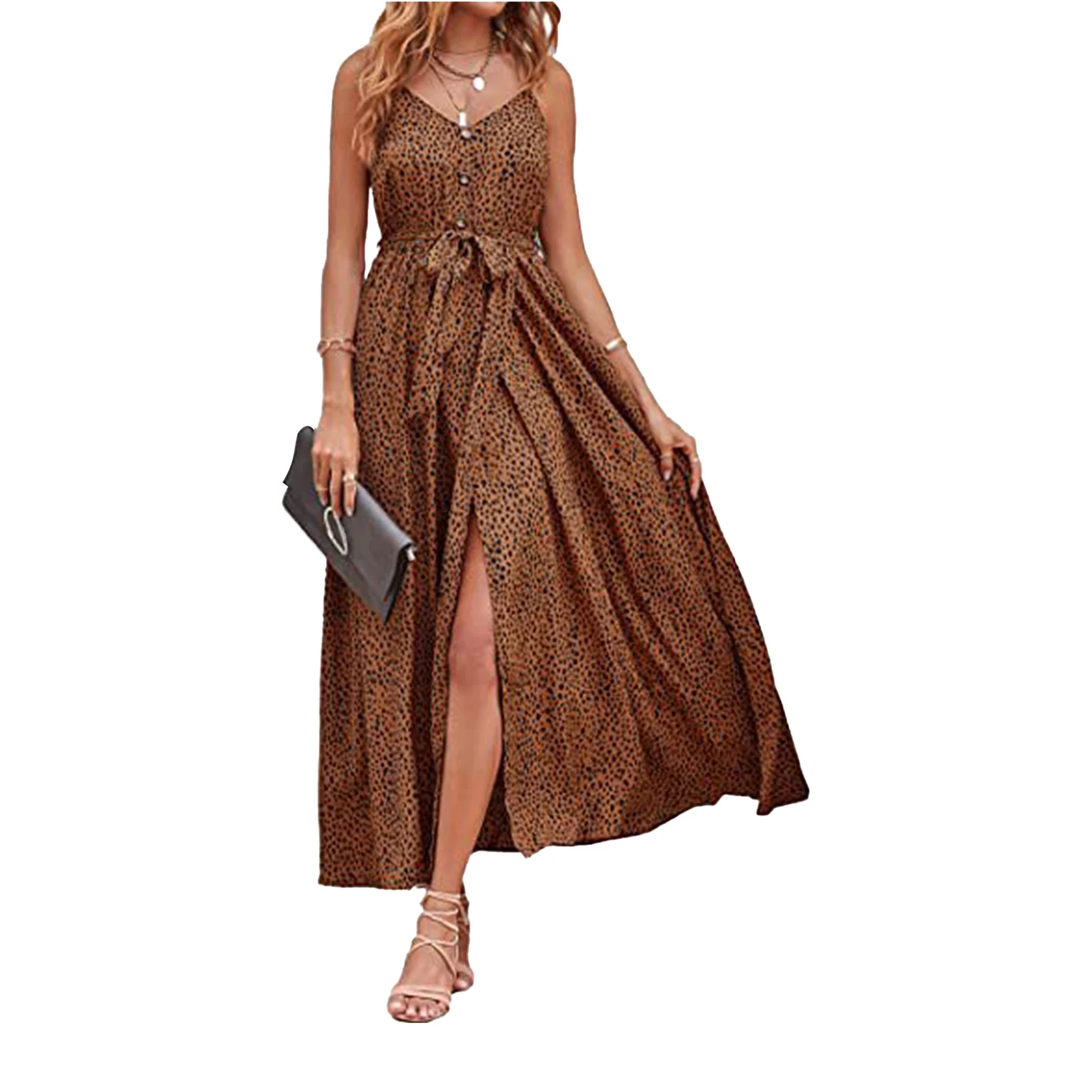 

Женское пляжное платье на тонких бретельках, модное уличное длинное платье без рукавов из полиэстера с разрезом спереди, повседневное боге...