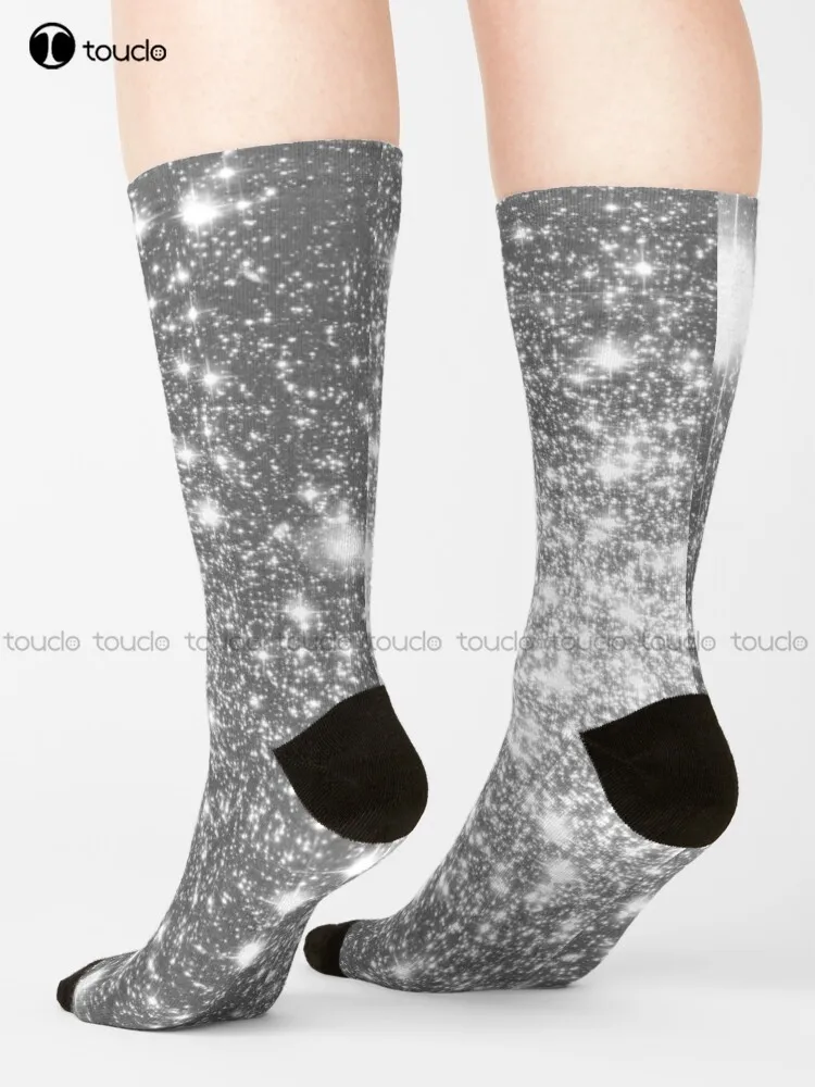 Носки Длинные серебристо-серые с блестящими звездами и мультяшными героями |