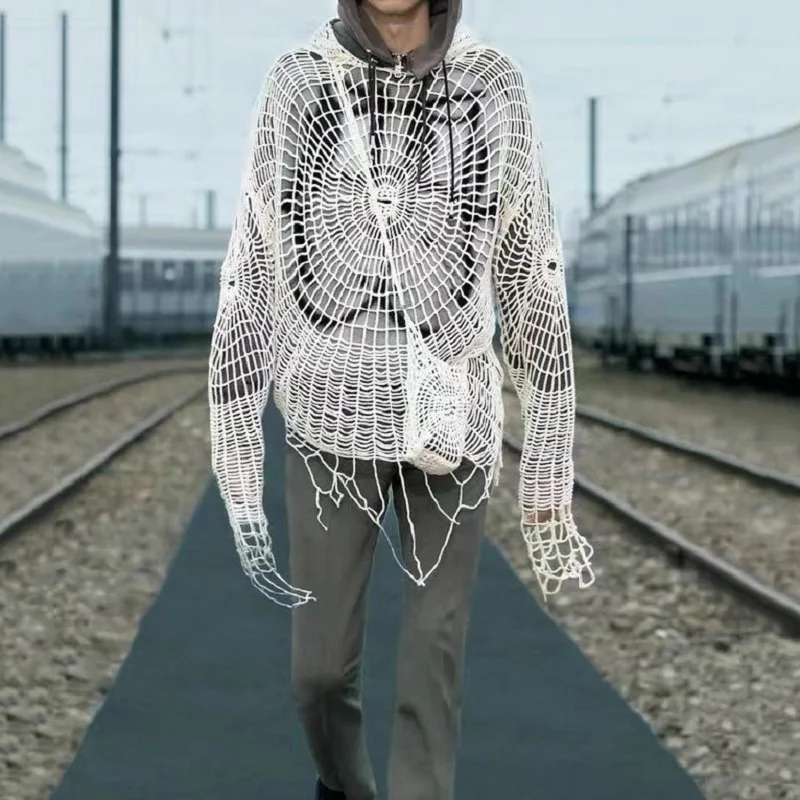 

Новинка 2022, индивидуальное пальто в виде паутины, свитер с капюшоном в подиумном стиле для мужчин и женщин, вязаный свитер с дырками в том же ...