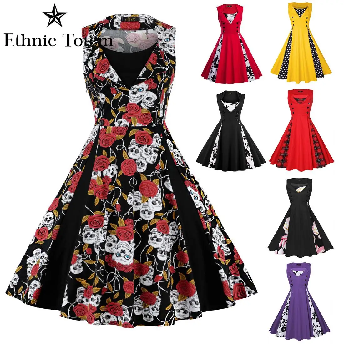 

Vintage 50s 60s Hepburn Style V-Neck Suspender Sleeveless Rockabilly Dress Polka Dot A-Line Large Swing Print Dress Women