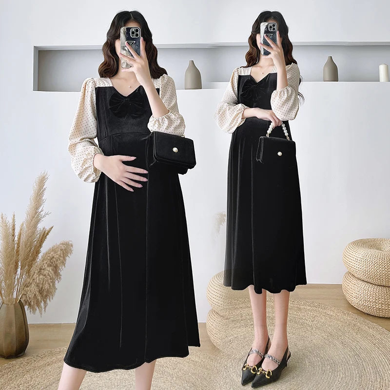 

Осень 8521 # корейская мода лоскутное велюровое длинное платье для беременных элегантная трапециевидная облегающая Одежда для беременных женщин Ins