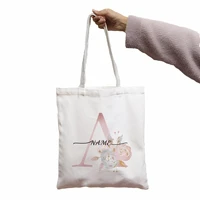 bag pink flower letters custom name diy shopping bag print women shopper bag white women fashion shopper shoulder bags tote bag