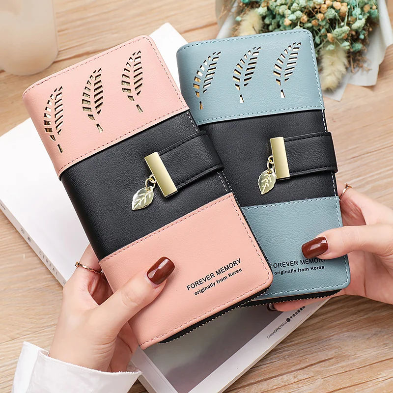 

Hollow Leaves PU Leather Women's Long Wallet 2023 Female Coin Purses Hasp Zipper Clutch ID Credit Card Holders Money Bag Clip