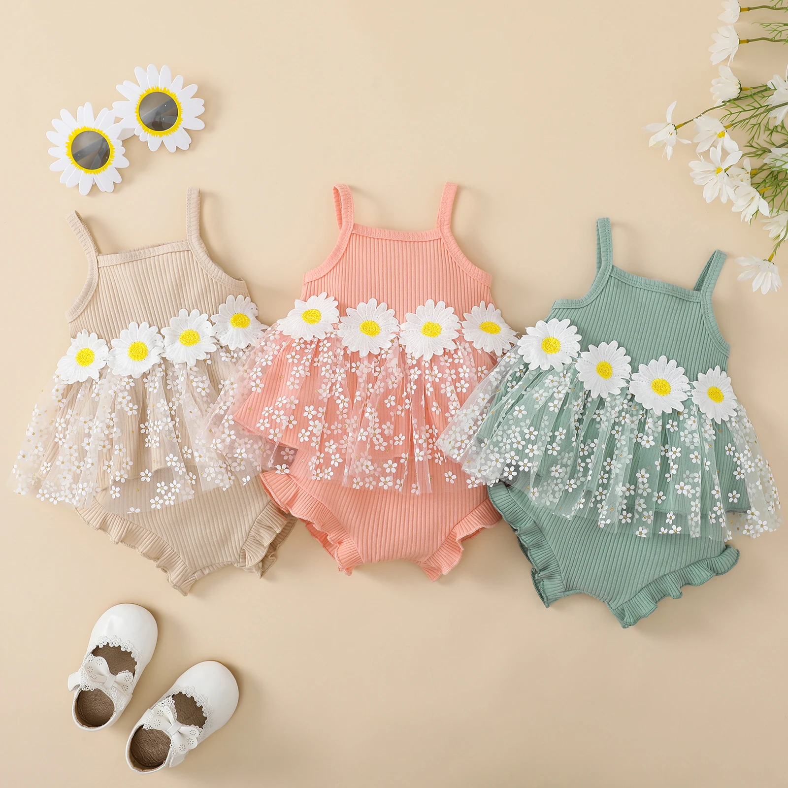 

Listenwind 0-3Y 2PCS Toddler Girls Summer Sweet Soft Outfits, Sleeveless Daisy Cami Tops + Ruffle Shorts Set For Casual