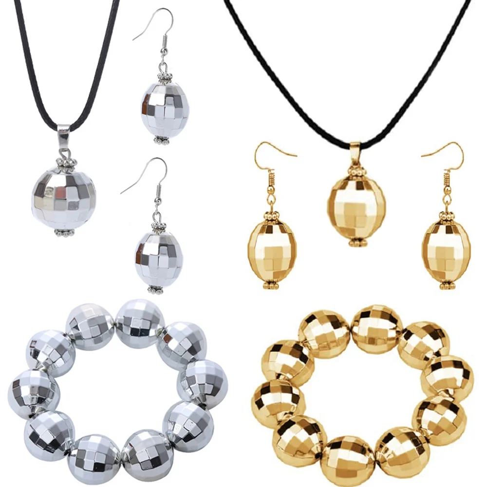 

80s Disco Party Decorations Set Mirror Ball Headband Necklaces Bracelet Earrings Women Girls Dress Up Dance Party Accessories