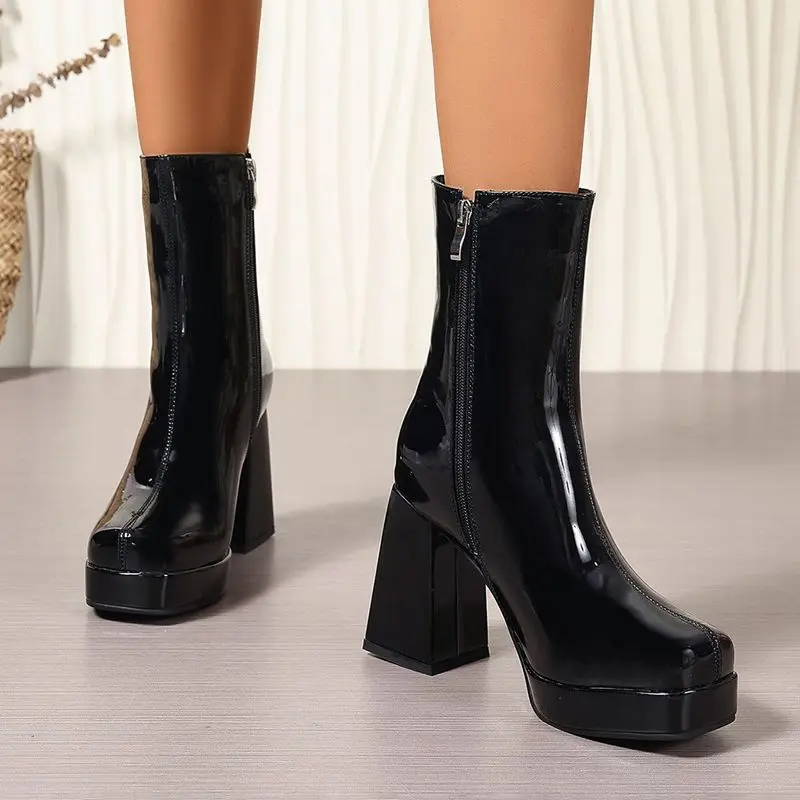 Girseaby новые блестящие женские ботильоны с квадратным носком на блочном каблуке 10