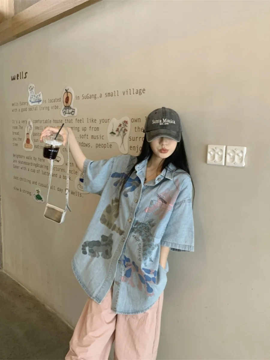 Gaganight Женская индивидуальная Милая джинсовая рубашка с принтом и коротким