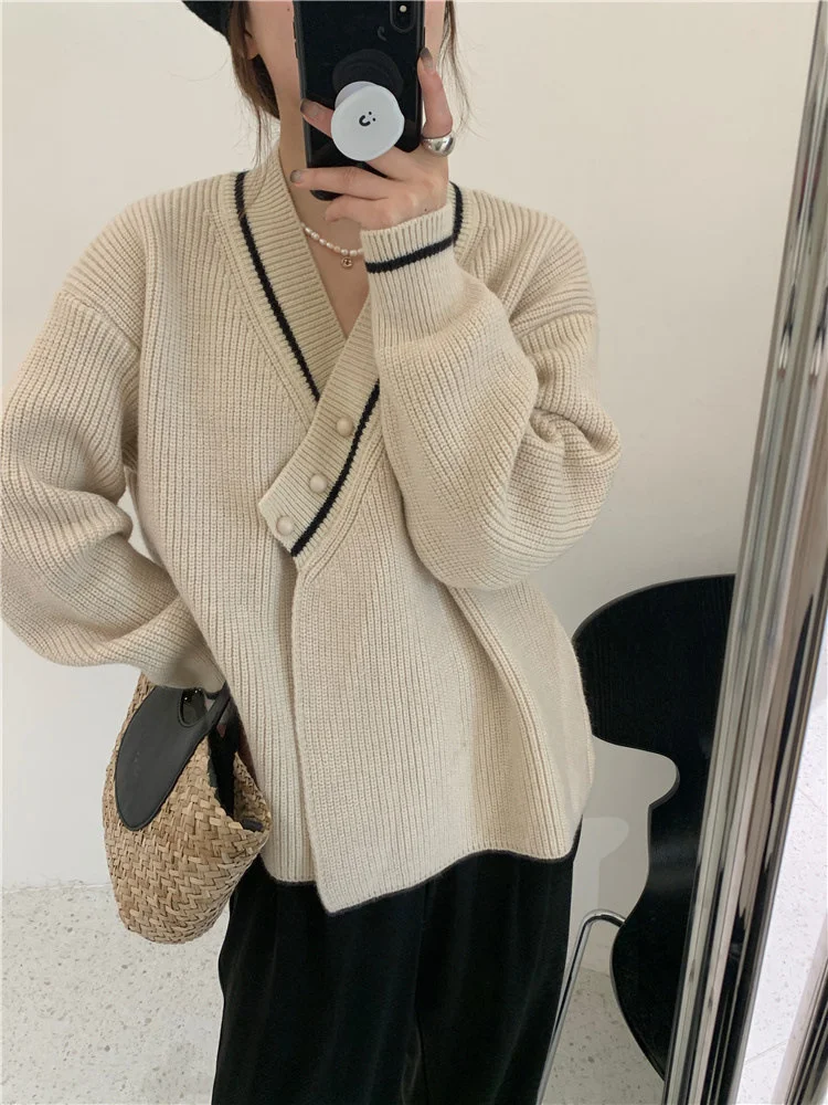 

Hsa 2022 Women Sweater Cardigans V neck Side Striped Irregualr Knitted Jackets Loose Korean Style Chic Streetwear Holiday Coat