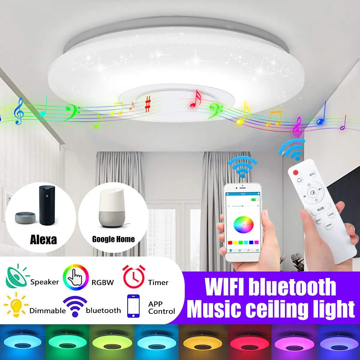 

36CM WiFi Modern RGB LED Ceiling Light Phone APP Remote Control bluetooth Smart Music Lamp Dimmable Works with Alexa Google Home