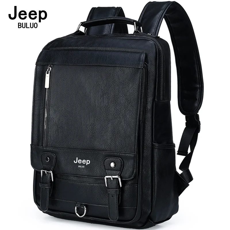 

JEEP BULUO Leather Men Backpack Design Luxury Business Male 15.6" Laptop Bag Fashion Large Capacity Travel College School Bag