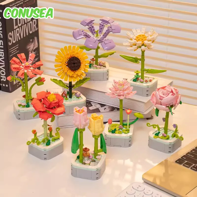 

Sunflower Bouquet Building Block Kit Diy Assembly Flowers Blocks Rose Potted Bricks Table Ornament Girlfriend Adult Friend Gifts