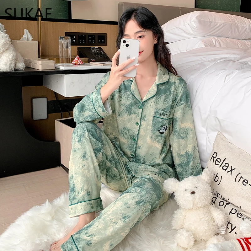 SUKAE M-5XL Autumn Winter Woman Pajamas Set Lady Home Clothes Faux Cotton Nightwear Lapel Pjs Fashion Turn-down Collar Sleepwear