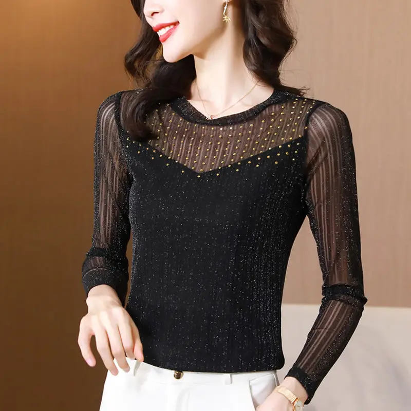 

New t shirt 2022 early autumn orenive gas circle collar stitching hot drill long sleeve black mesh bottoming o neck shirt female