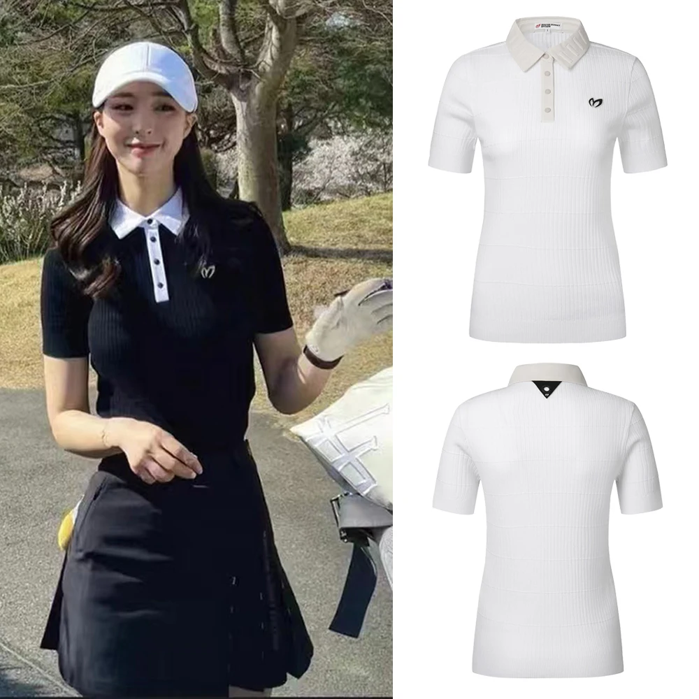 

Golf Shirts Fashion Ladies Slim Fit Polo Shirt Elastic Knitted Short Sleeve