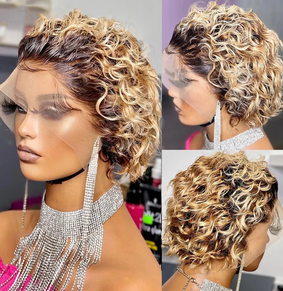 Short Pixie Cut Wig Cheap Human Hair Wigs Kinky Curly Bob Wig Transparent Lace Frontal Wig For Women Full Machine Human Hair Wig