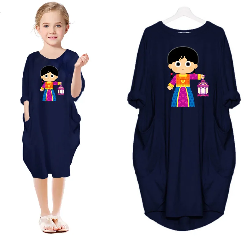 

Ramadan Family Matching Outfits Kids Summer EID Mubarak Clothes Baby Girls Casual Midi Sleeve Dresses O-Neck Loose Pocket Dress