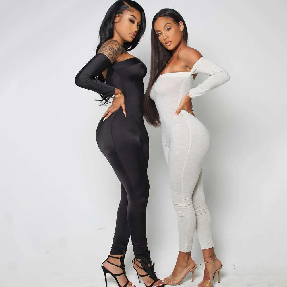 

OLOMLB Sexy Night Club Outfits Party Female Jumpsuit Skinny Long Sleeve Off Shoulder Solid Bodysuit Women